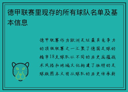德甲联赛里现存的所有球队名单及基本信息