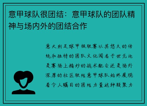 意甲球队很团结：意甲球队的团队精神与场内外的团结合作